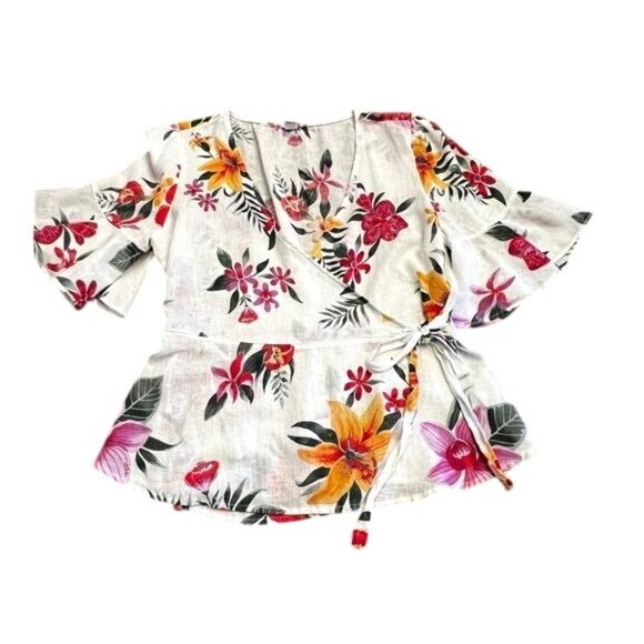 Old Navy Floral Wrap Blouse With Tie Waist & Flared Sleeves Medium - Picture 7 of 7
